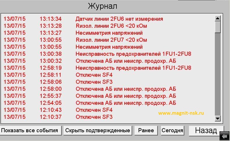 Журнал событий системы контроля сети постоянного оперативного тока